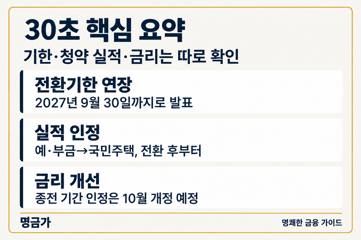 30초 핵심 요약 — 전환기한 연장 / 실적 인정 / 금리 개선