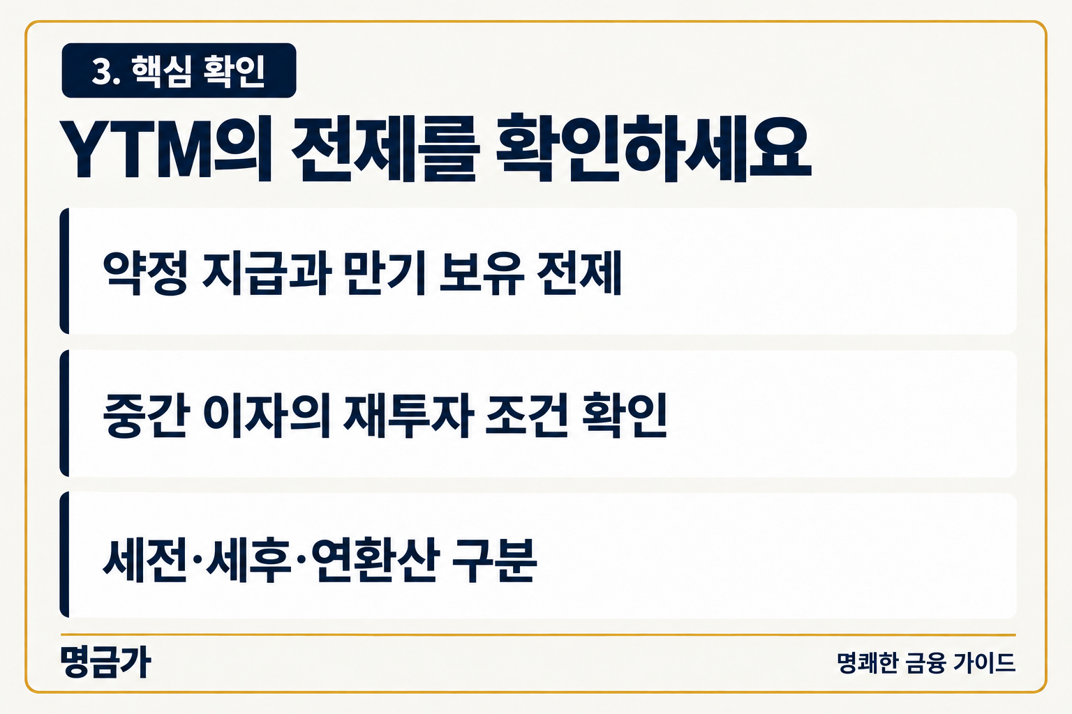 만기수익률의 약정 지급 전제, 재투자 조건, 세전 세후와 연환산 기준 확인