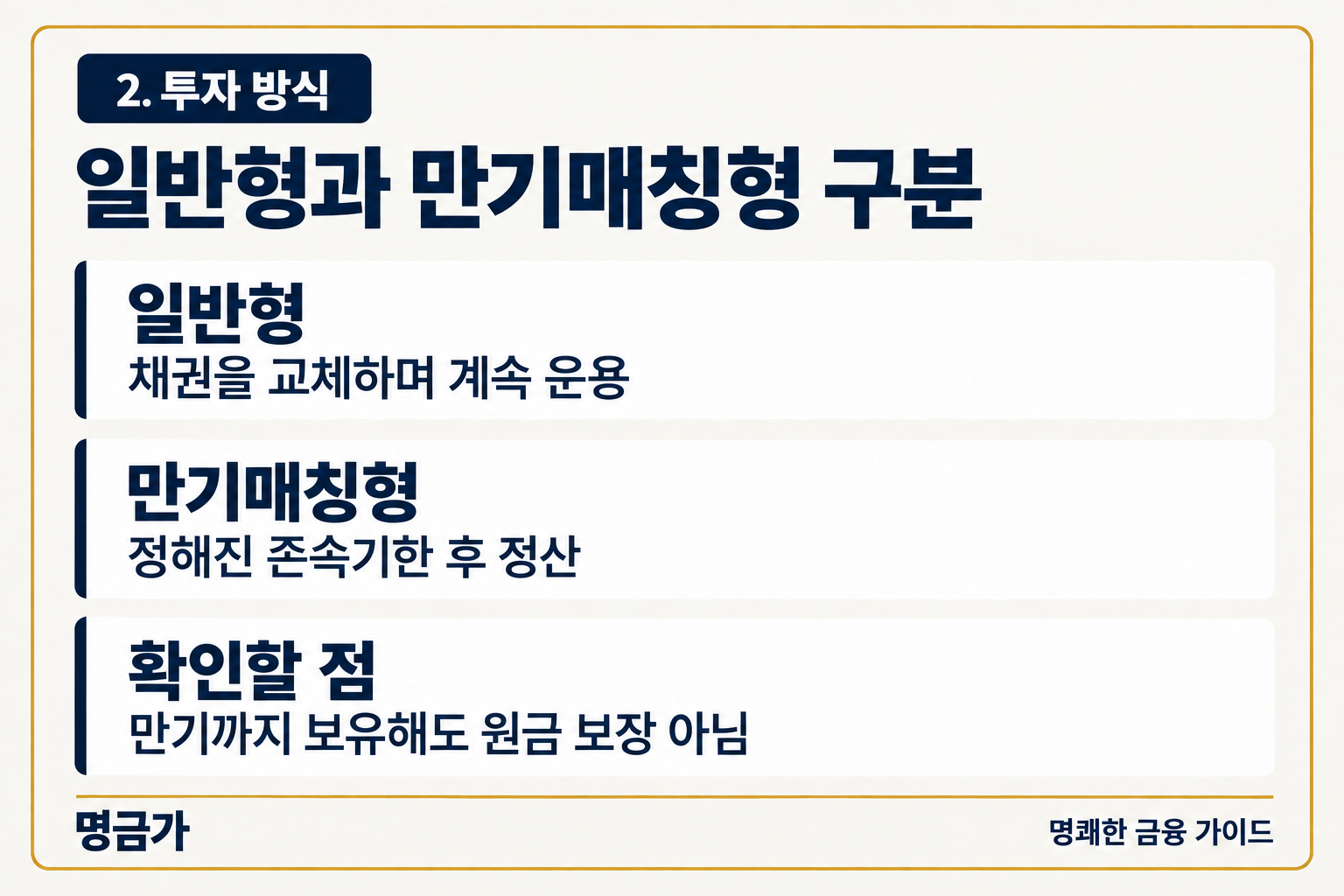 일반형과 만기매칭형 구분 — 일반형 채권을 교체하며 계속 운용, 만기매칭형 정해진 존속기한 후 정산, 확인할 점 만기까지 보유해도 원금 보장 아님