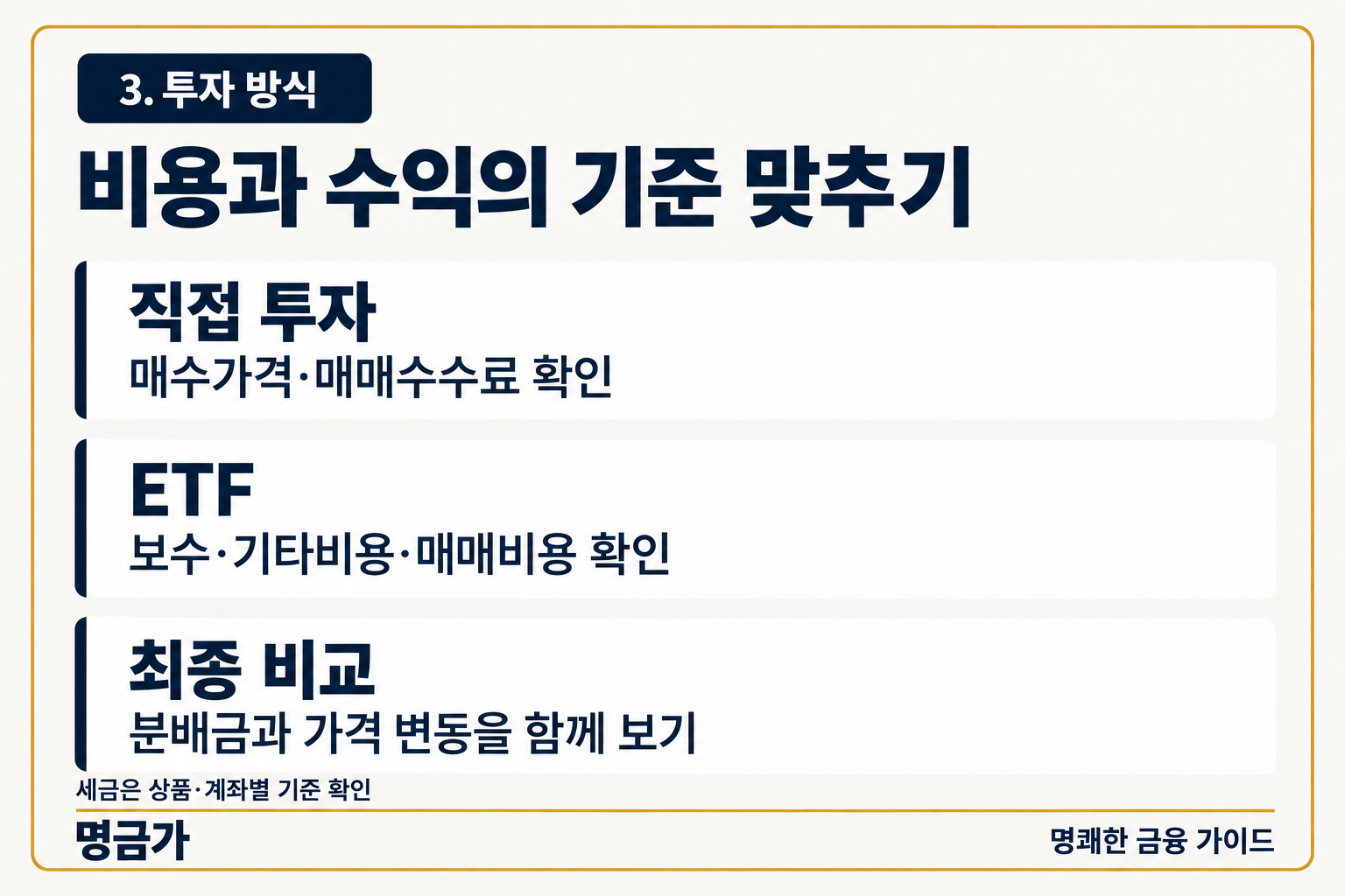 비용과 수익의 기준 맞추기 — 직접 투자 매수가격·매매수수료 확인, ETF 보수·기타비용·매매비용 확인, 최종 비교 분배금과 가격 변동을 함께 보기 — 세금은 상품·계좌별 기준 확인