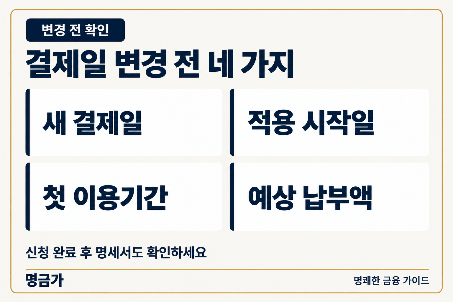 카드 결제일 변경 전 새 결제일·적용 시작일·첫 이용기간·예상 납부액을 확인하고 신청 후 명세서도 확인합니다