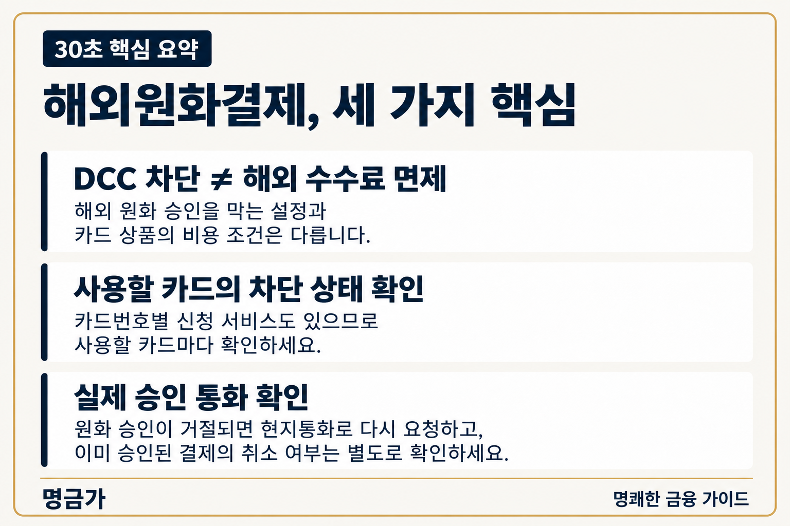 해외원화결제 차단 핵심 요약: DCC 차단과 수수료 면제의 차이, 카드별 차단 상태, 실제 승인 통화와 취소 여부 확인