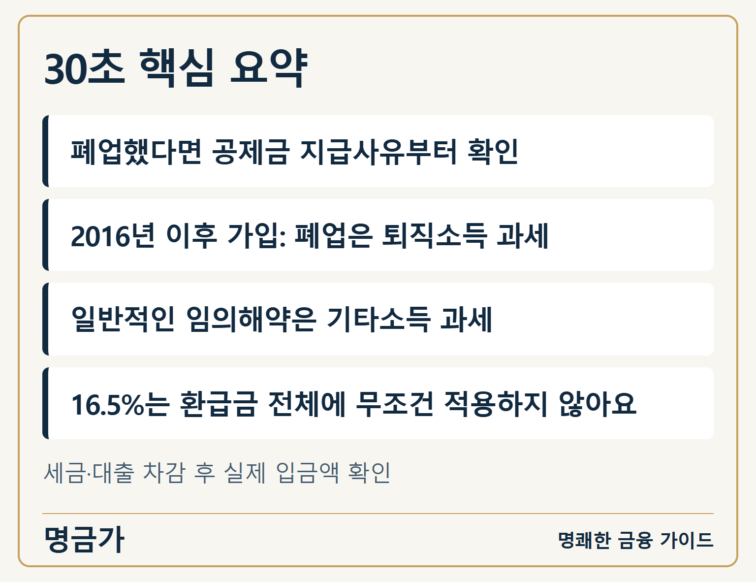 폐업 공제금과 임의해약의 지급사유·과세·수령액을 구분한 핵심 요약