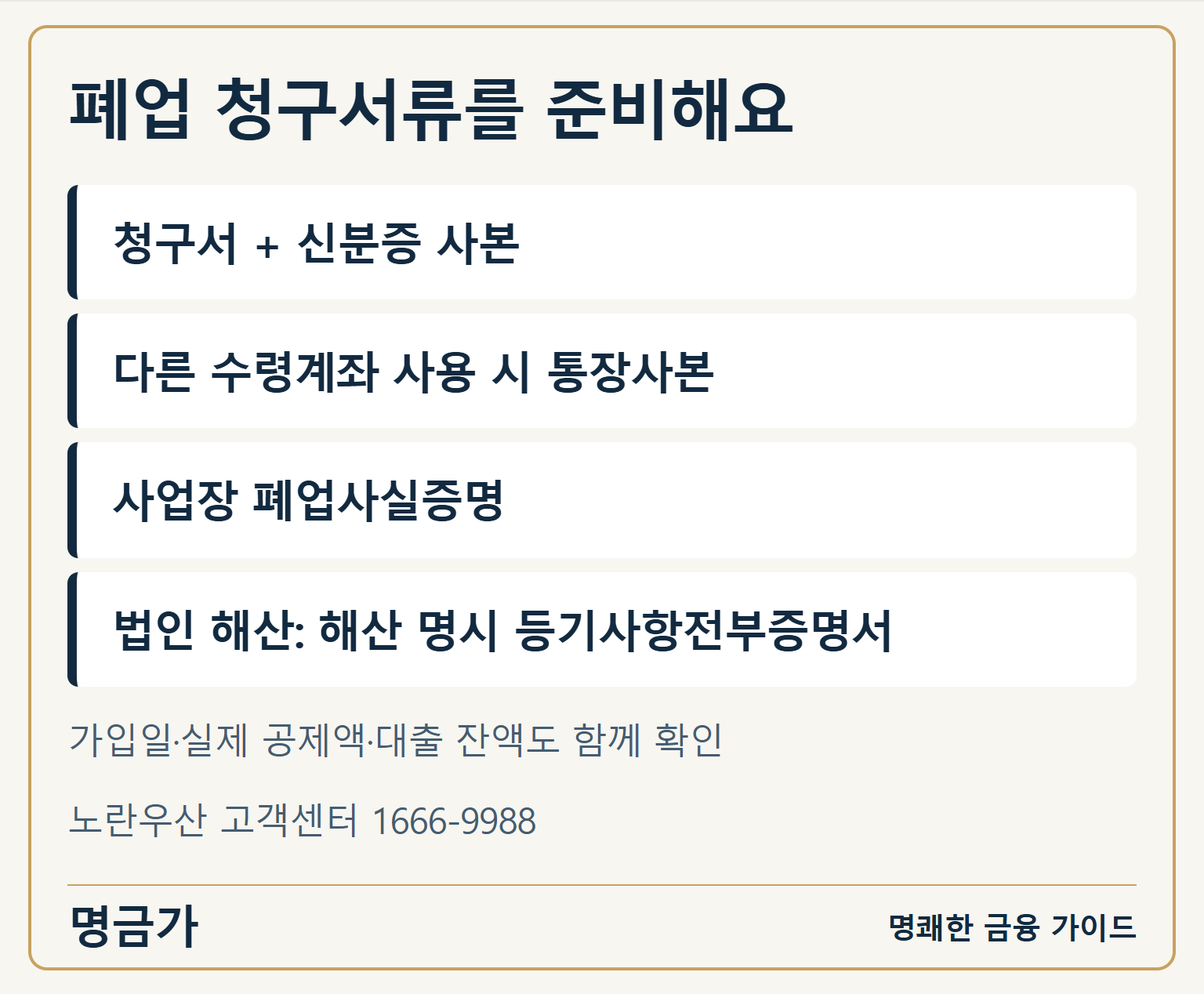 청구서와 신분증, 필요한 경우 수령계좌 통장사본, 폐업 또는 법인해산 증빙을 준비하는 안내