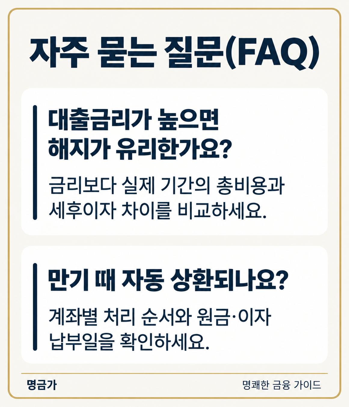 예금담보대출 FAQ: 금리만으로 유불리를 판단하지 않고 세후 금액을 비교하며, 만기 자동상환 여부와 원리금 납입일을 은행에 확인