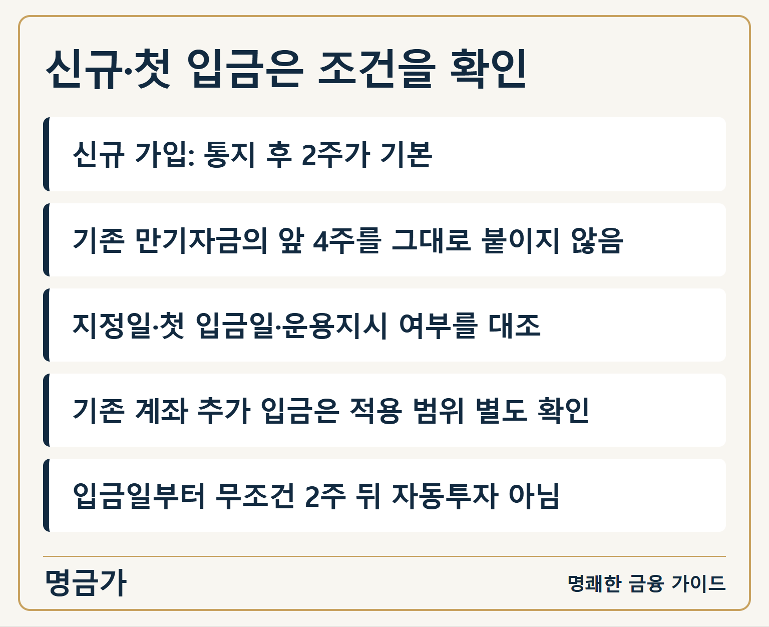신규·첫 입금은 조건을 확인 — 신규 가입: 통지 후 2주가 기본 / 기존 만기자금의 앞 4주를 그대로 붙이지 않음 / 지정일·첫 입금일·운용지시 여부를 대조 / 기존 계좌 추가 입금은 적용 범위 별도 확인 / 입금일부터 무조건 2주 뒤 자동투자 아님