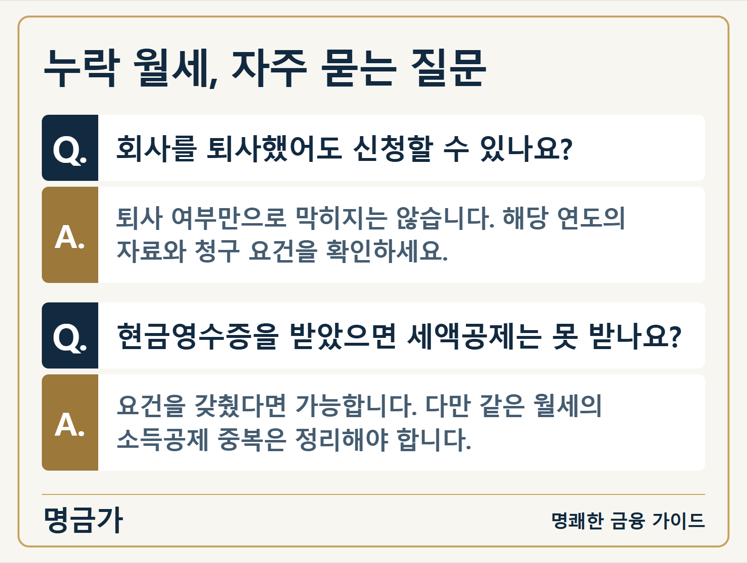 누락 월세, 자주 묻는 질문 — 회사를 퇴사했어도 신청할 수 있나요?: 퇴사 여부만으로 막히지는 않습니다. 해당 연도의 자료와 청구 요건을 확인하세요. / 현금영수증을 받았으면 세액공제는 못 받나요?: 요건을 갖췄다면 가능합니다. 다만 같은 월세의 소득공제 중복은 정리해야 합니다.