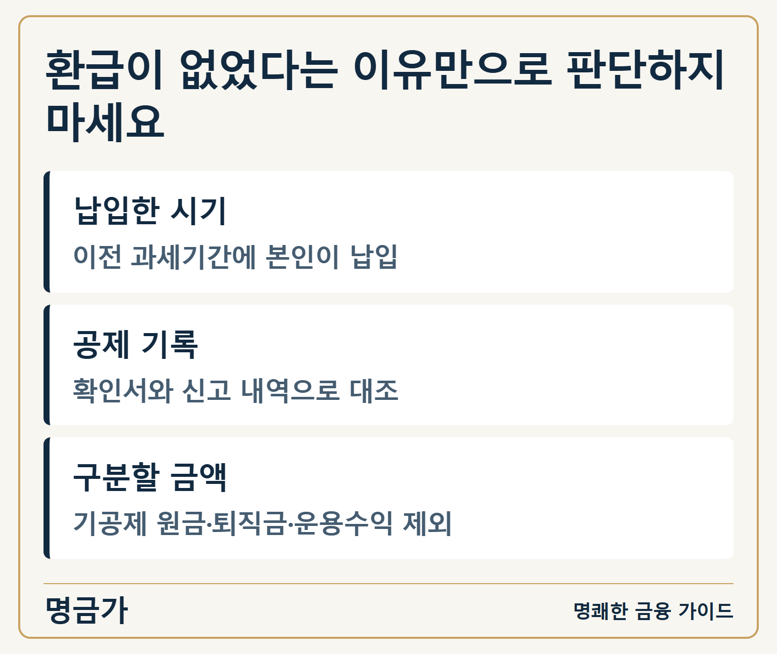 환급이 없었다는 이유만으로 판단하지 마세요 — 납입한 시기: 이전 과세기간에 본인이 납입 / 공제 기록: 확인서와 신고 내역으로 대조 / 구분할 금액: 기공제 원금·퇴직금·운용수익 제외