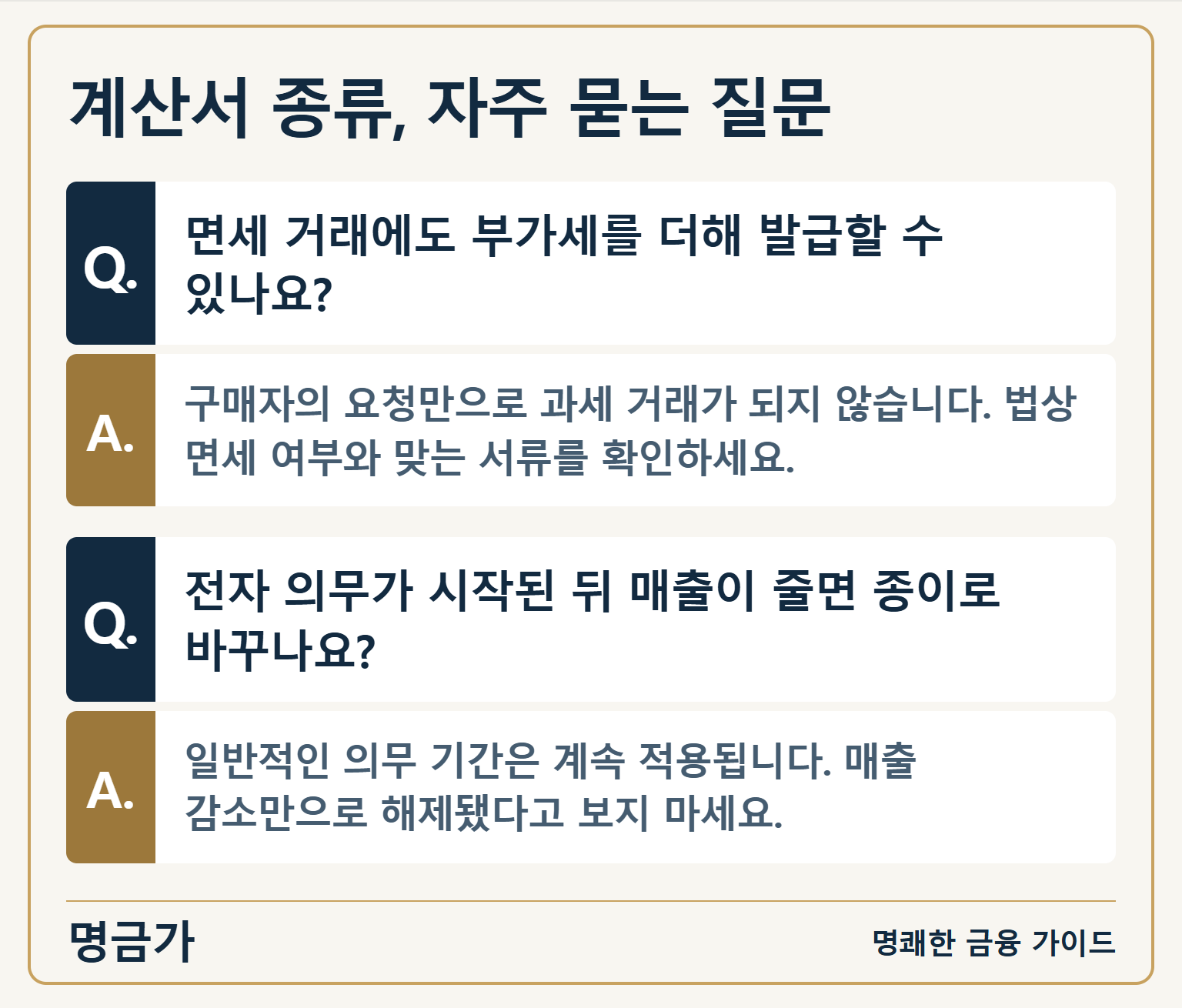 계산서 종류, 자주 묻는 질문 — 면세 거래에도 부가세를 더해 발급할 수 있나요?: 구매자의 요청만으로 과세 거래가 되지 않습니다. 법상 면세 여부와 맞는 서류를 확인하세요. / 전자 의무가 시작된 뒤 매출이 줄면 종이로 바꾸나요?: 일반적인 의무 기간은 계속 적용됩니다. 매출 감소만으로 해제됐다고 보지 마세요.