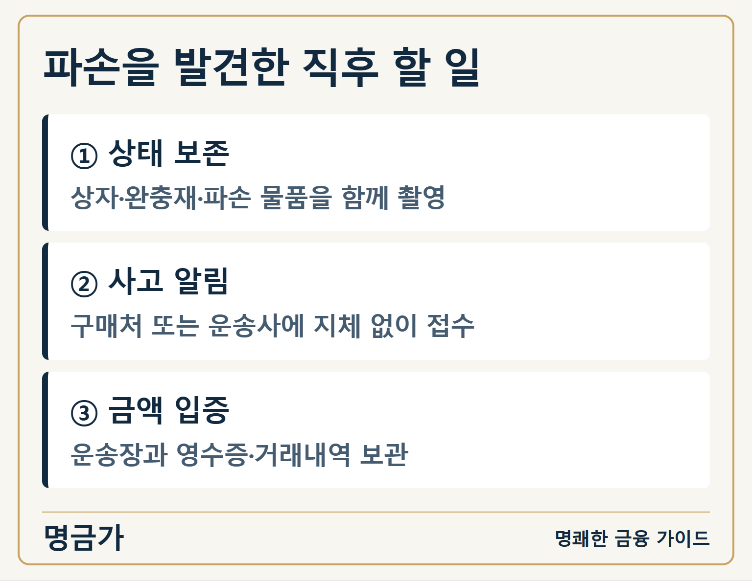 파손을 발견한 직후 할 일 — ① 상태 보존: 상자·완충재·파손 물품을 함께 촬영 / ② 사고 알림: 구매처 또는 운송사에 지체 없이 접수 / ③ 금액 입증: 운송장과 영수증·거래내역 보관