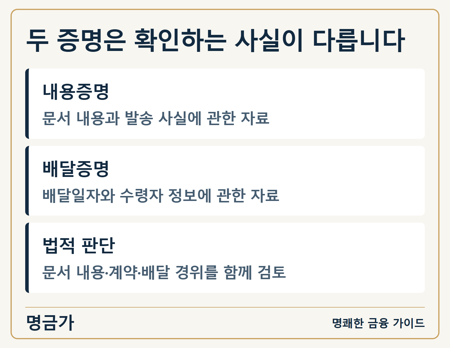 두 증명은 확인하는 사실이 다릅니다 — 내용증명: 문서 내용과 발송 사실에 관한 자료 / 배달증명: 배달일자와 수령자 정보에 관한 자료 / 법적 판단: 문서 내용·계약·배달 경위를 함께 검토