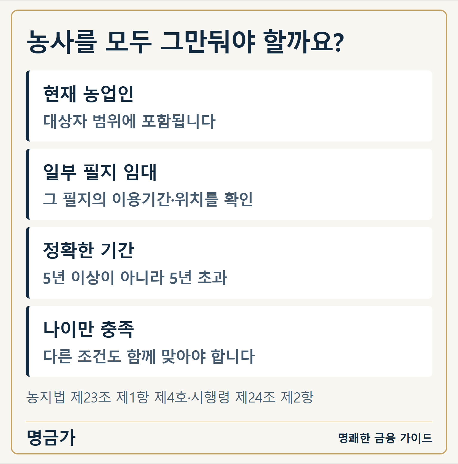 농사를 모두 그만둬야 할까요? — 현재 농업인: 대상자 범위에 포함됩니다 / 일부 필지 임대: 그 필지의 이용기간·위치를 확인 / 정확한 기간: 5년 이상이 아니라 5년 초과 / 나이만 충족: 다른 조건도 함께 맞아야 합니다