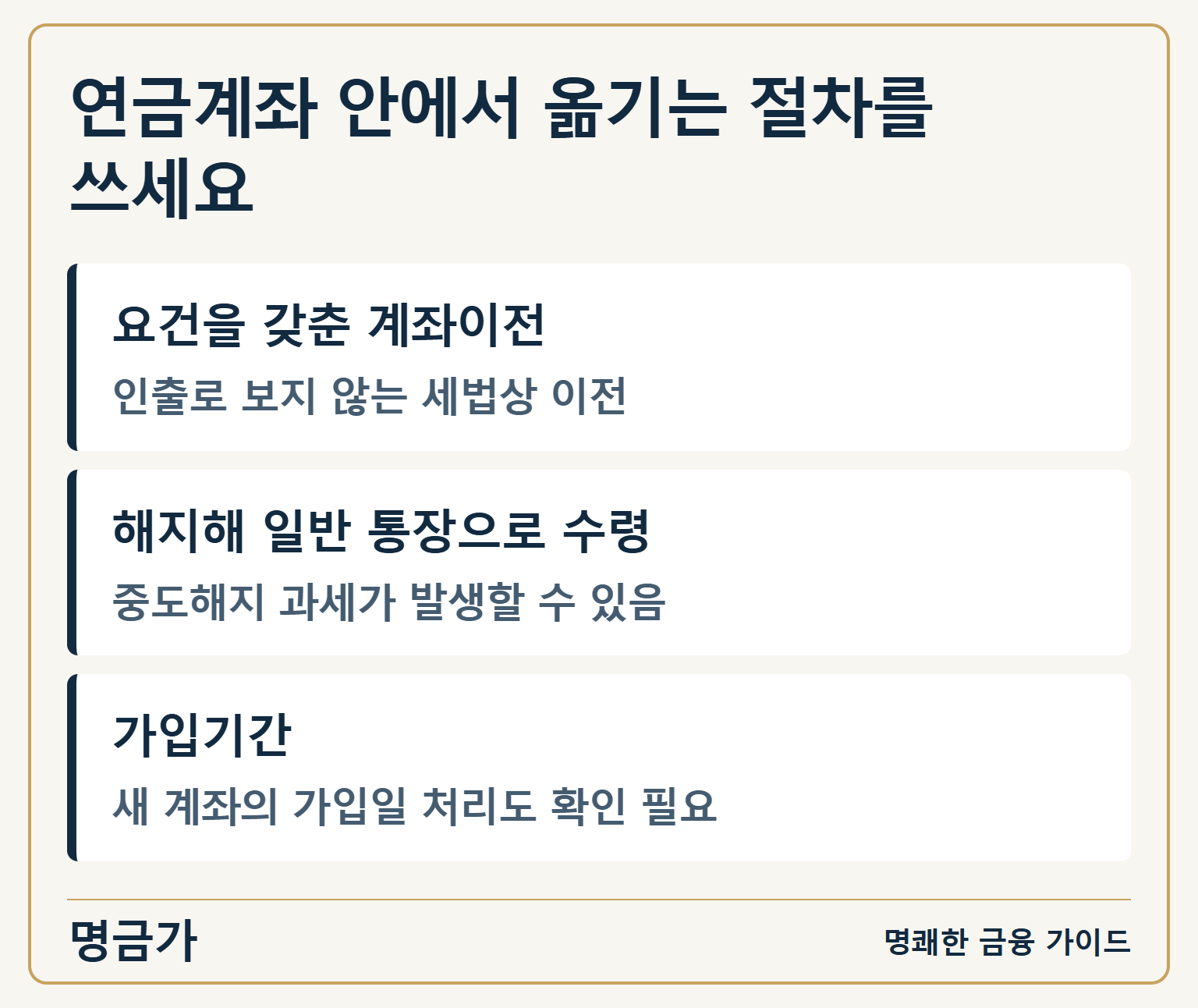 연금계좌 안에서 옮기는 절차를 쓰세요 — 요건을 갖춘 계좌이전: 인출로 보지 않는 세법상 이전 / 해지해 일반 통장으로 수령: 중도해지 과세가 발생할 수 있음 / 가입기간: 새 계좌의 가입일 처리도 확인 필요