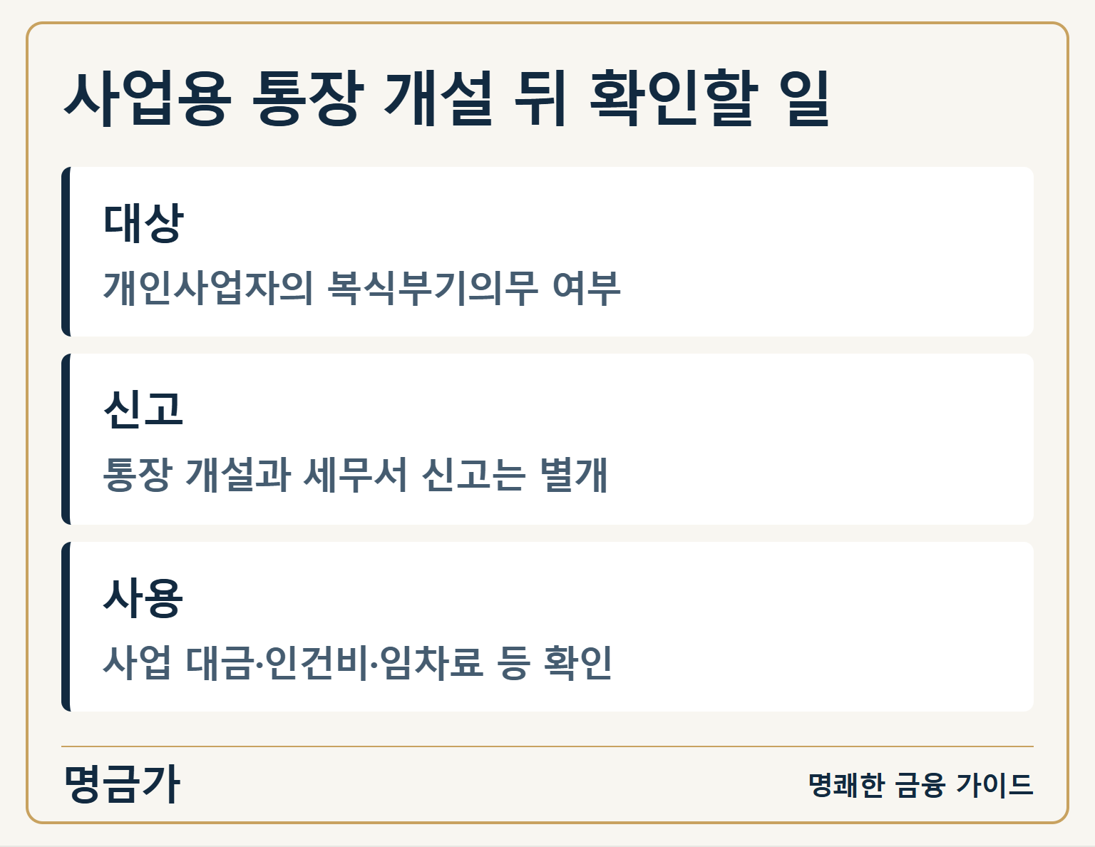 사업용 통장 개설 뒤 확인할 일 — 대상: 개인사업자의 복식부기의무 여부 / 신고: 통장 개설과 세무서 신고는 별개 / 사용: 사업 대금·인건비·임차료 등 확인